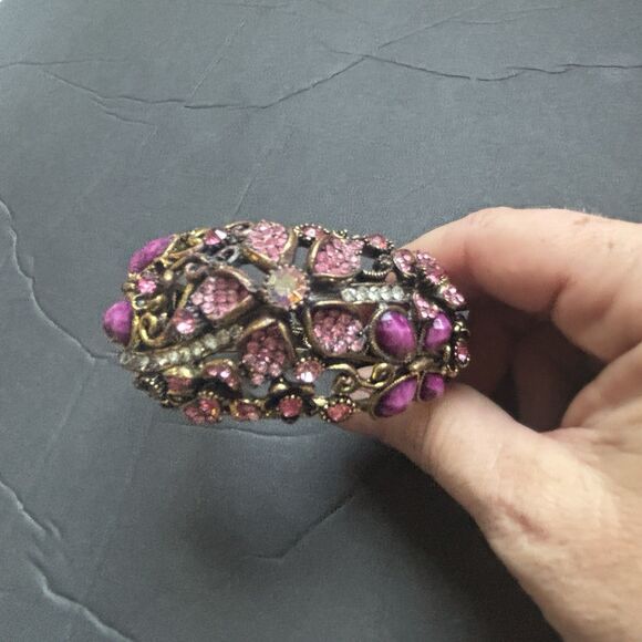 Vintage Mid Century Floral Rhinestone Clamper Bracelet Purple Pink Jewelry - Picture 12 of 16